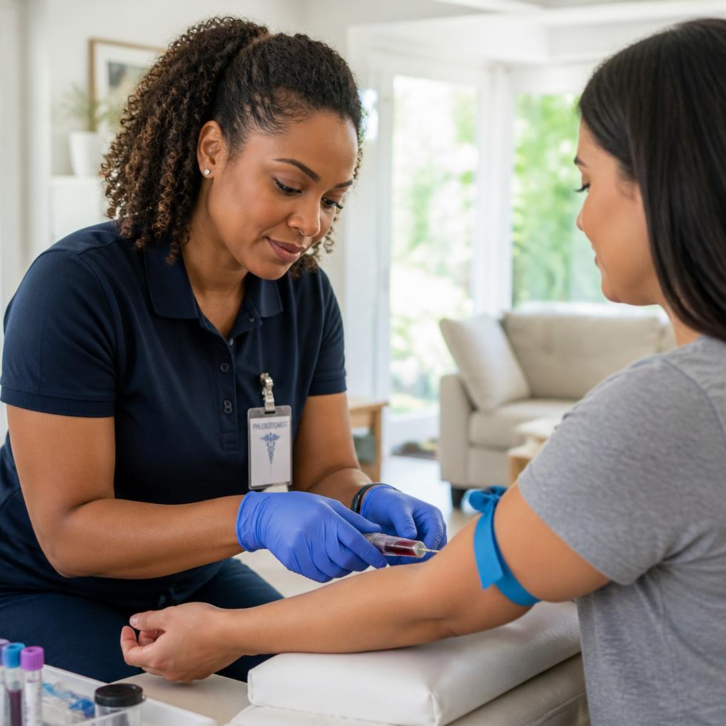 Phlebotomist carefully prepping a patient's arm at home